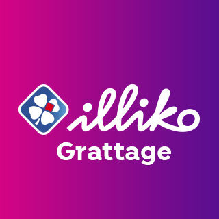 Logo Illiko Grattage avec symbole de trèfle à quatre feuilles stylisé sur fond dégradé rose violet.