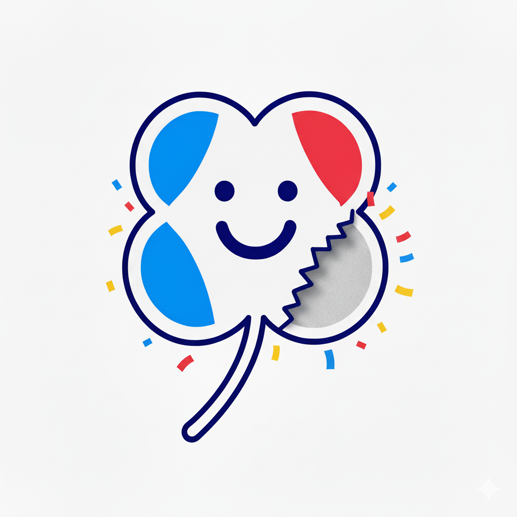 Trèfle souriant avec des sections colorées en bleu, rouge et gris, décoré de confettis colorés.