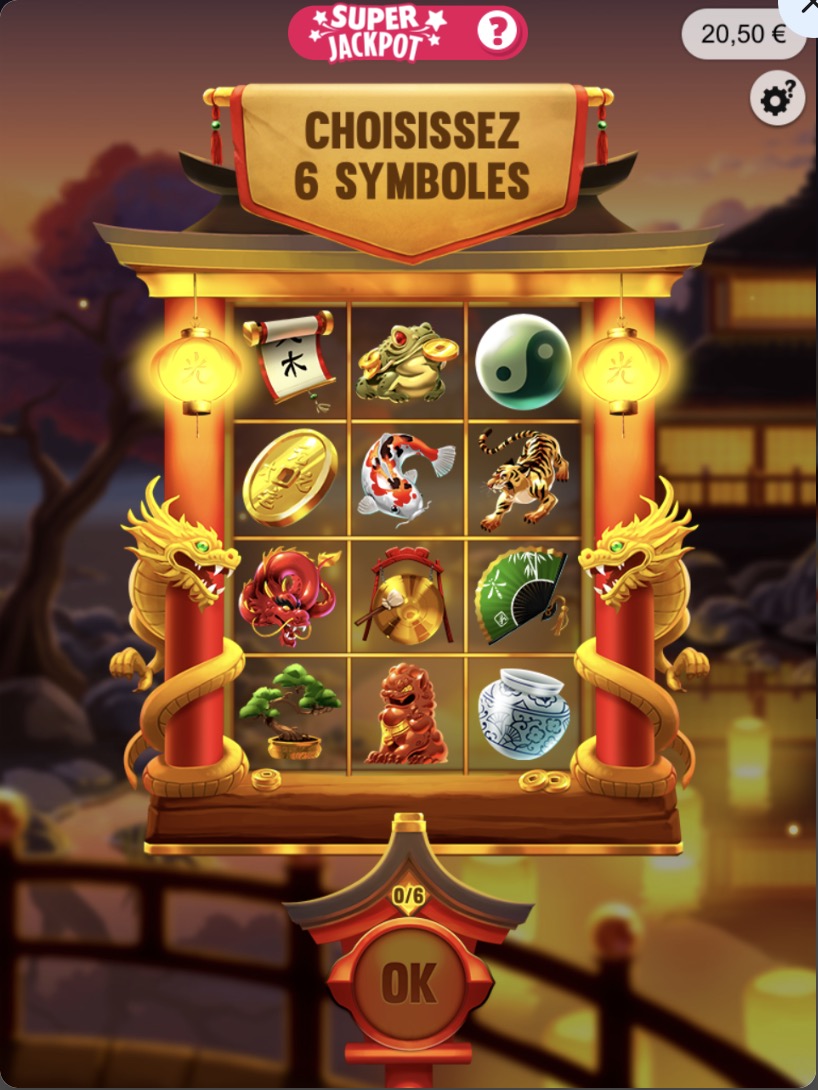 Étape 1 du jeu Asian Luck : l'écran de sélection où le joueur doit choisir 6 symboles porte-bonheur parmi 12