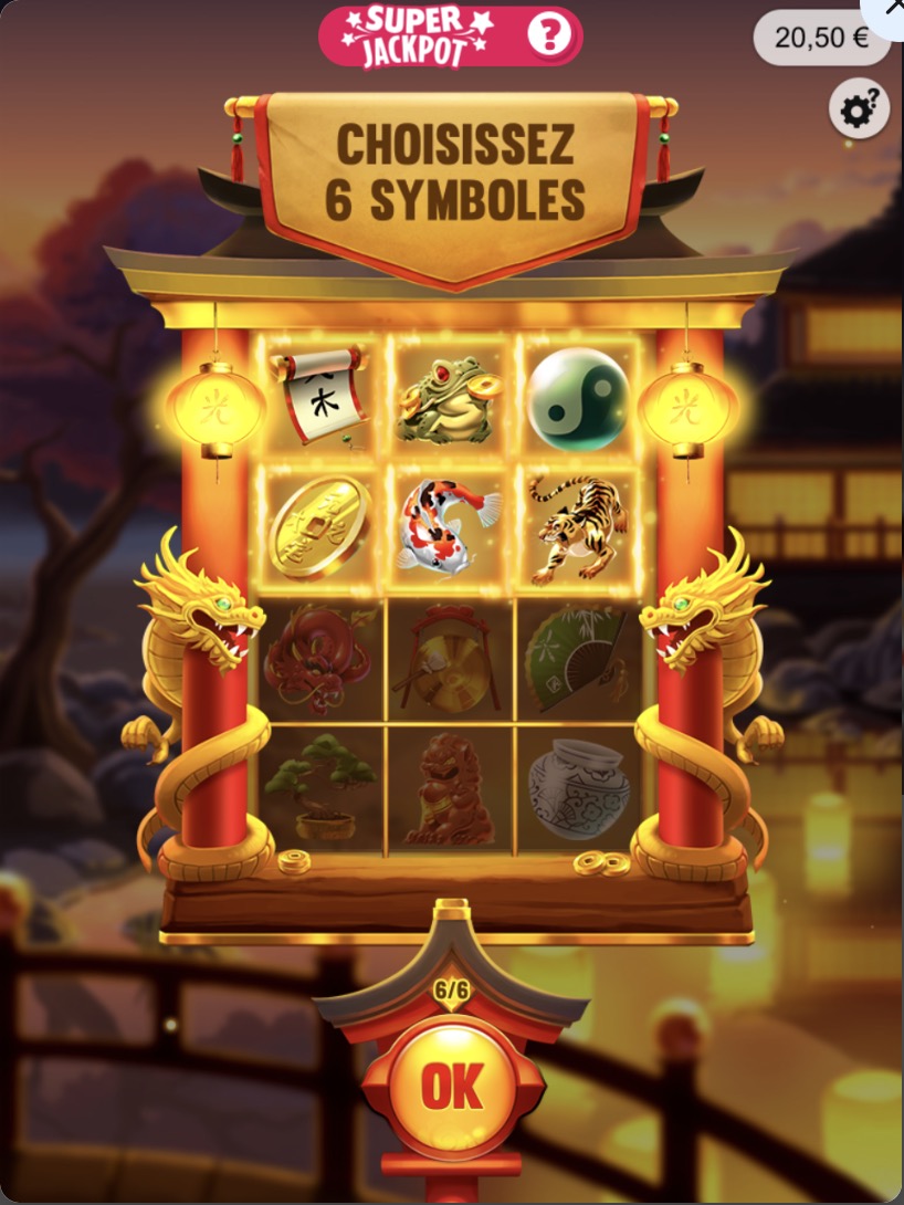 Étape 2 d'Asian Luck : le joueur a sélectionné 6 sur 6 symboles et s'apprête à valider en cliquant sur 'OK'.