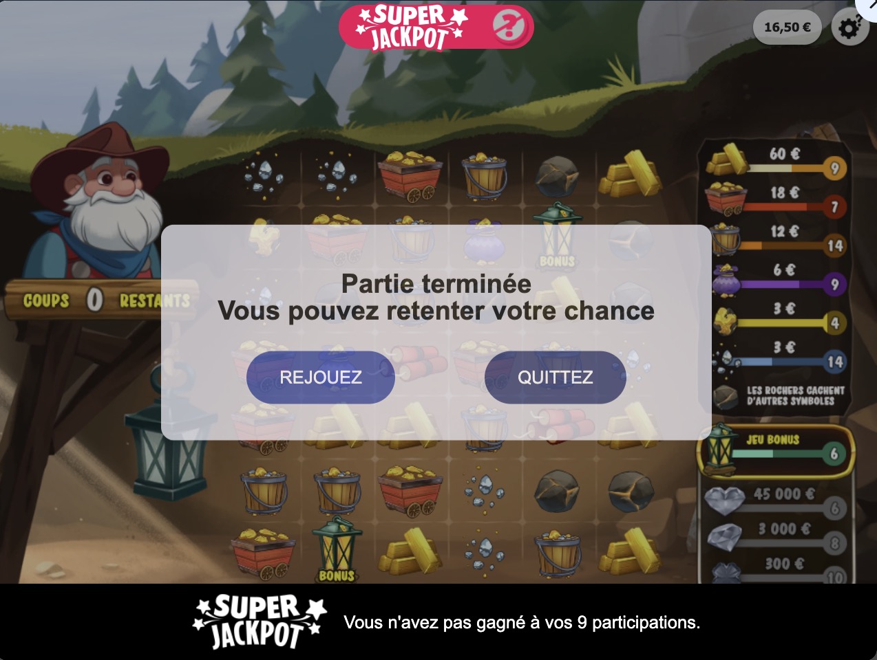 Jeux-Grattage.fr - Chercheur d'Or - Partie de jeu terminée