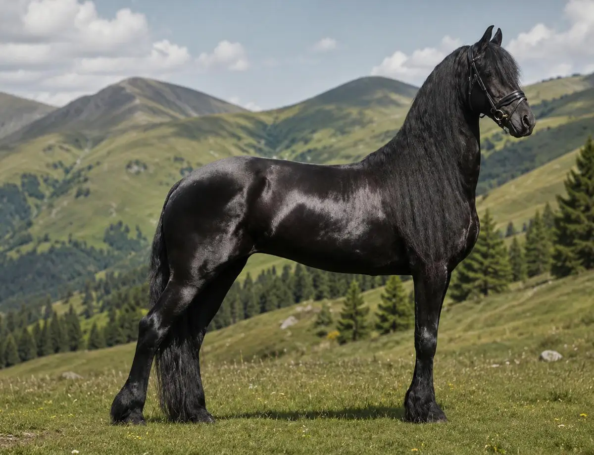 Schwarzes Friesenpferd steht seitlich auf einer grünen Alm mit Bergen im Hintergrund - Sommer auf der Nockalm in Kärnten.