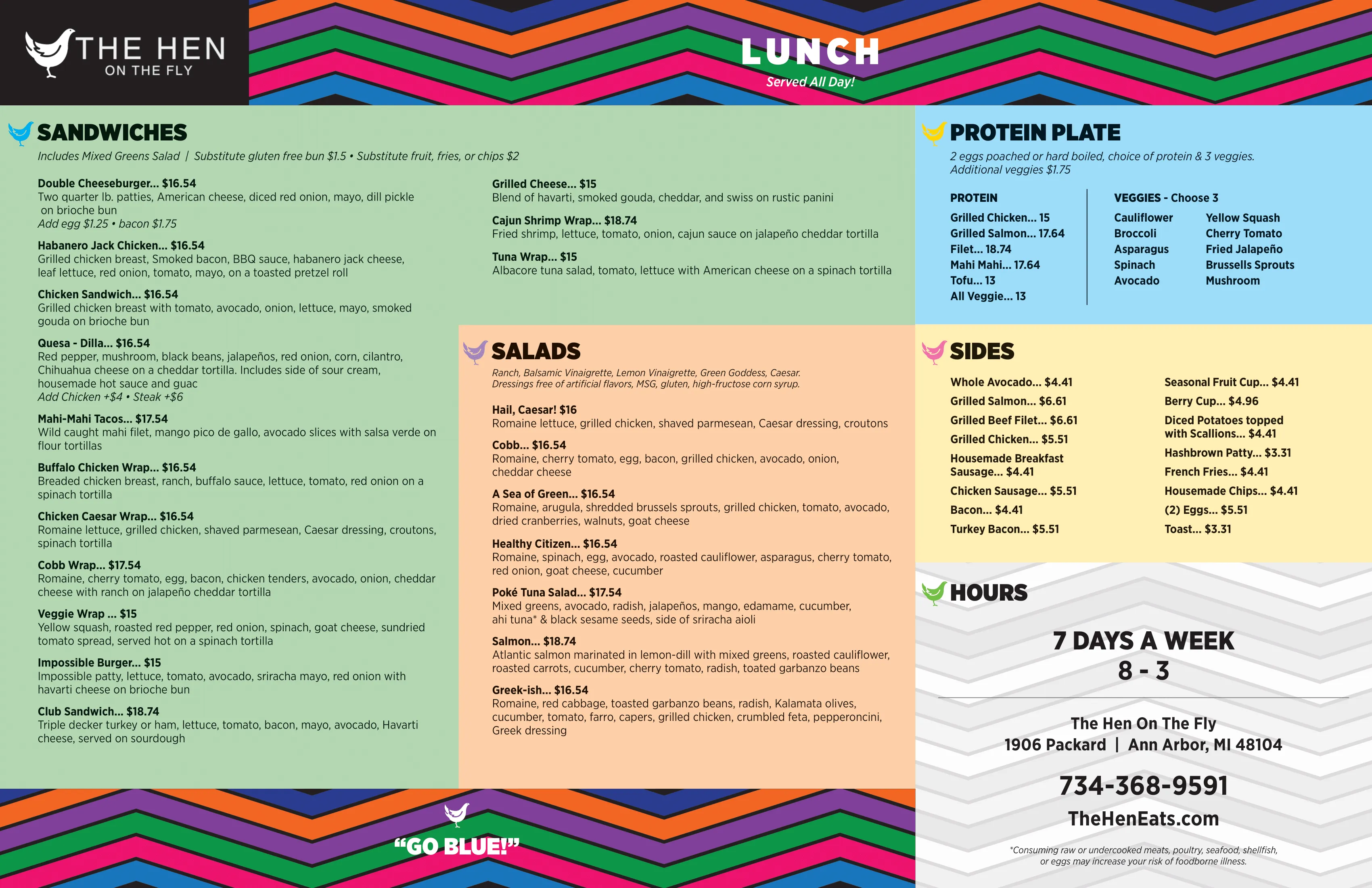 The Hen On the Fly Lunch Menu