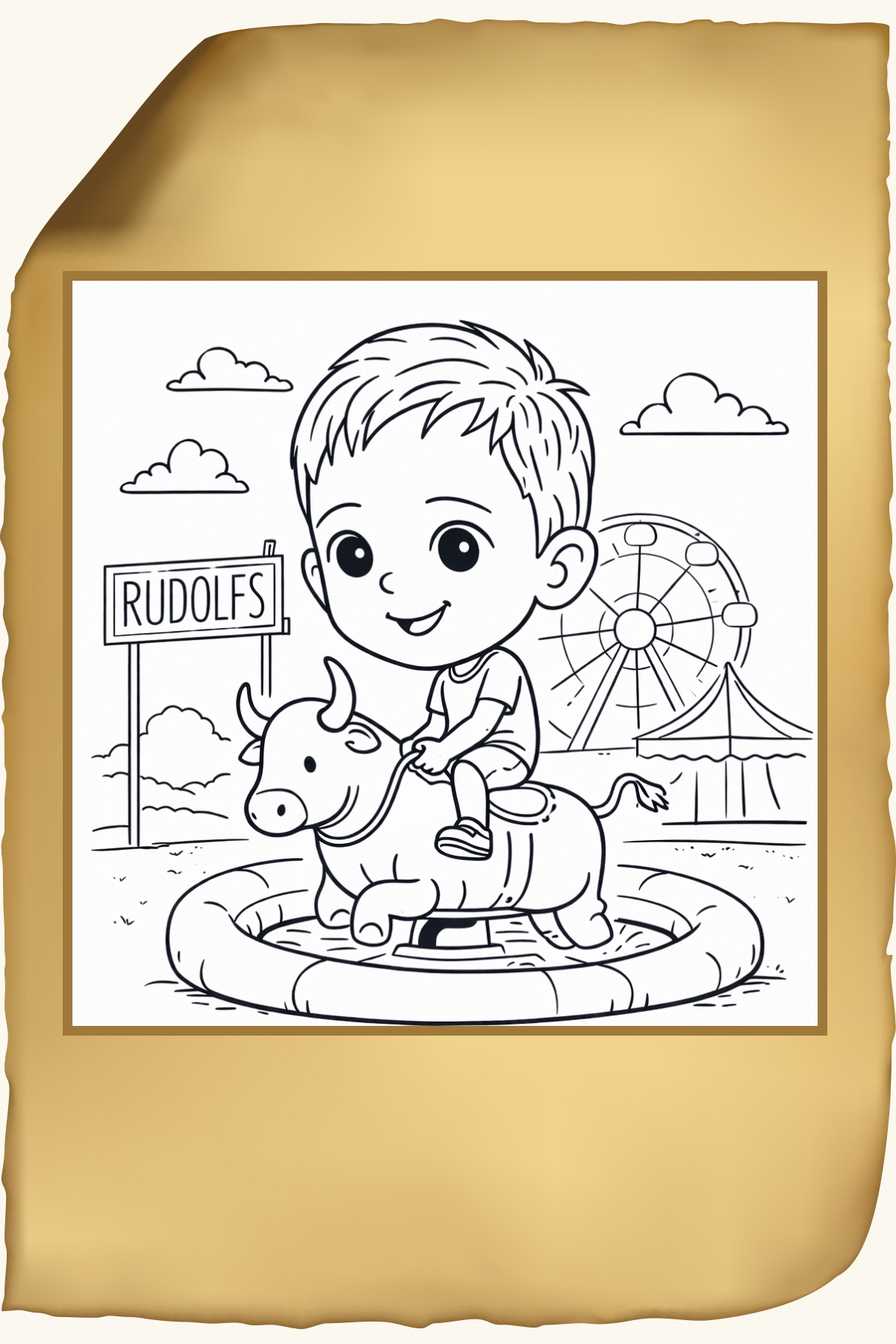 Line drawing of a smiling boy riding a mechanical bull ride at a carnival with a Ferris wheel and tent in the background, and a sign reading Rudolfs.