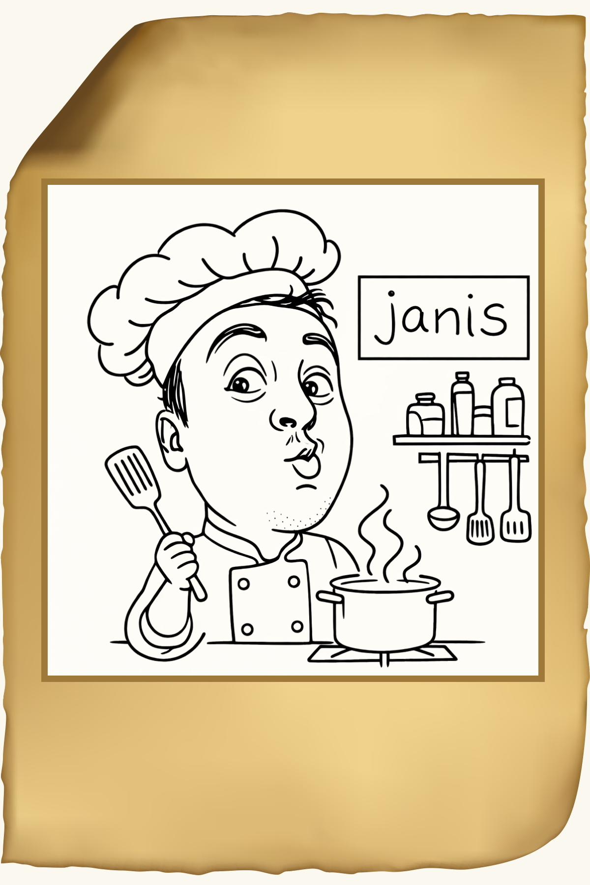 Black and white cartoon of a chef holding a spatula, tasting food from a steaming pot with kitchen utensils and spices on a shelf labeled 'janis' in the background.