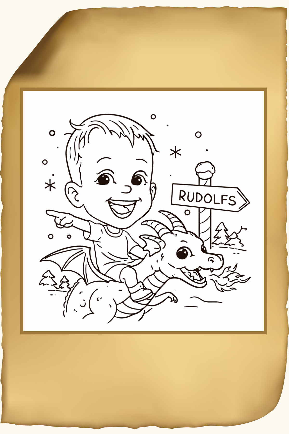 Line drawing of a smiling child riding a fire-breathing dragon, pointing forward near a signpost labeled RUDOLFS.