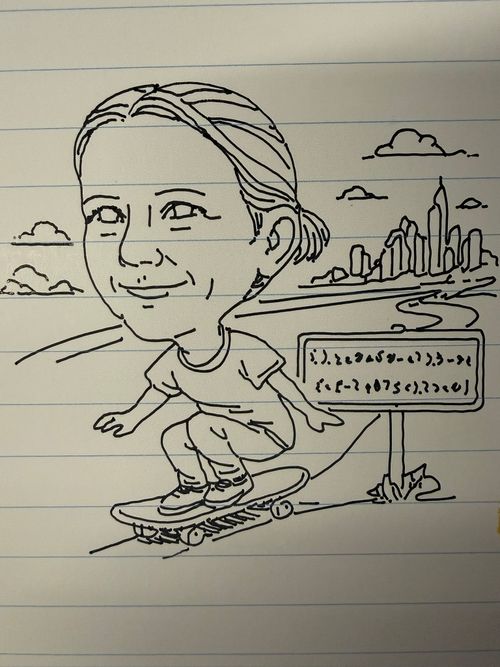 Black ink drawing on lined paper of a person with a large head skateboarding on a path near a city skyline with clouds and a sign containing unreadable text.