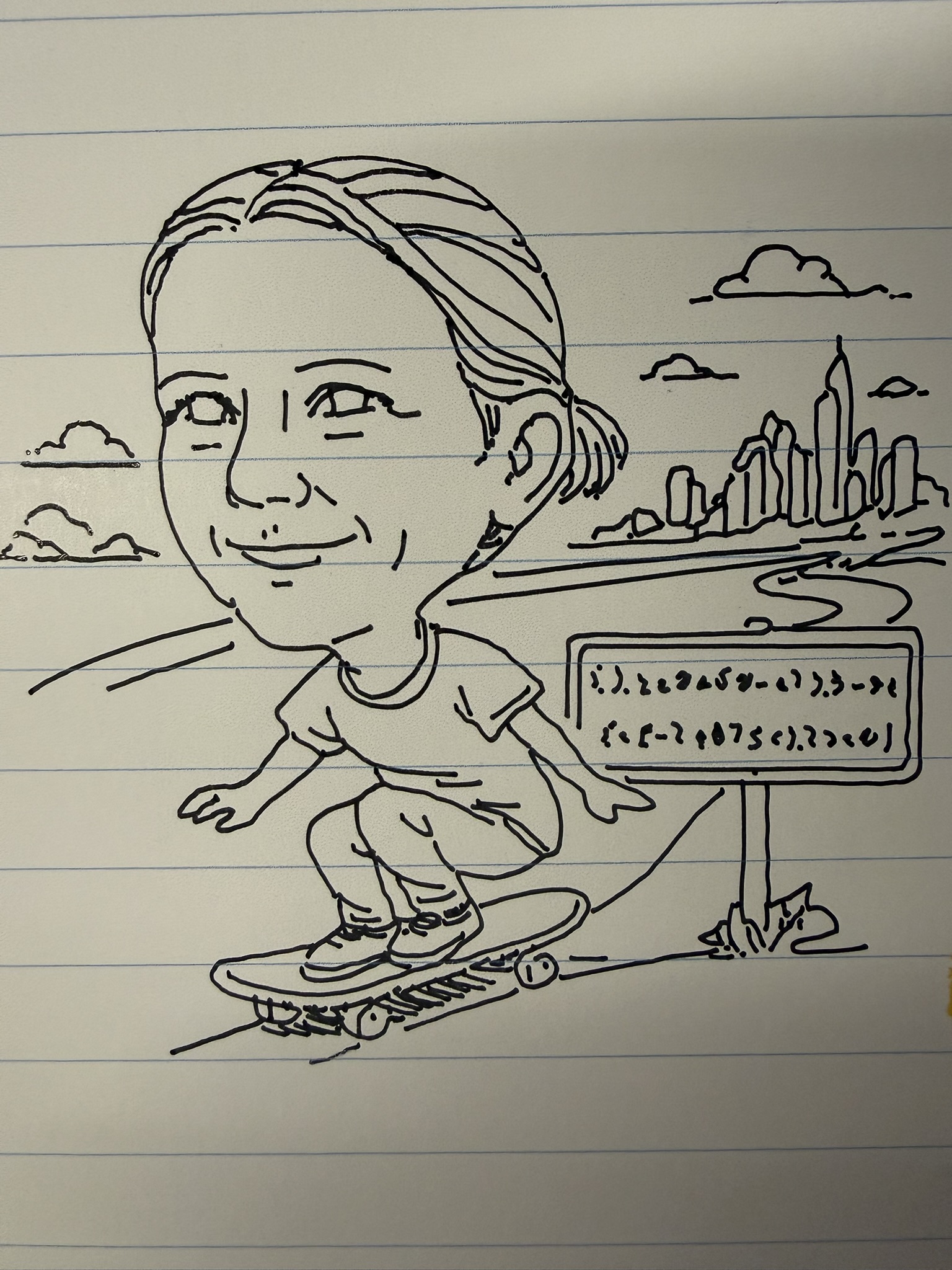 Black ink drawing on lined paper of a person with a large head skateboarding on a path near a city skyline with clouds and a sign containing unreadable text.