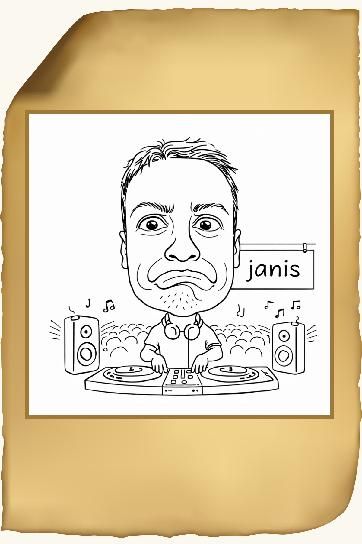 Black and white caricature of a DJ wearing headphones around his neck, standing behind turntables with speakers playing music and a crowd in the background, with a sign reading 'janis'.