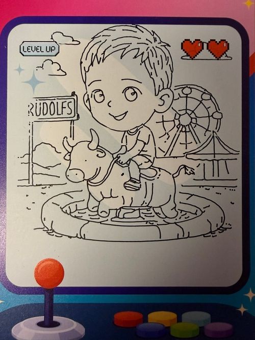 Line drawing of a boy riding a mechanical bull at an amusement park with a Ferris wheel and a 'RUDOLFS' sign in the background, and two pixelated hearts at the top right.