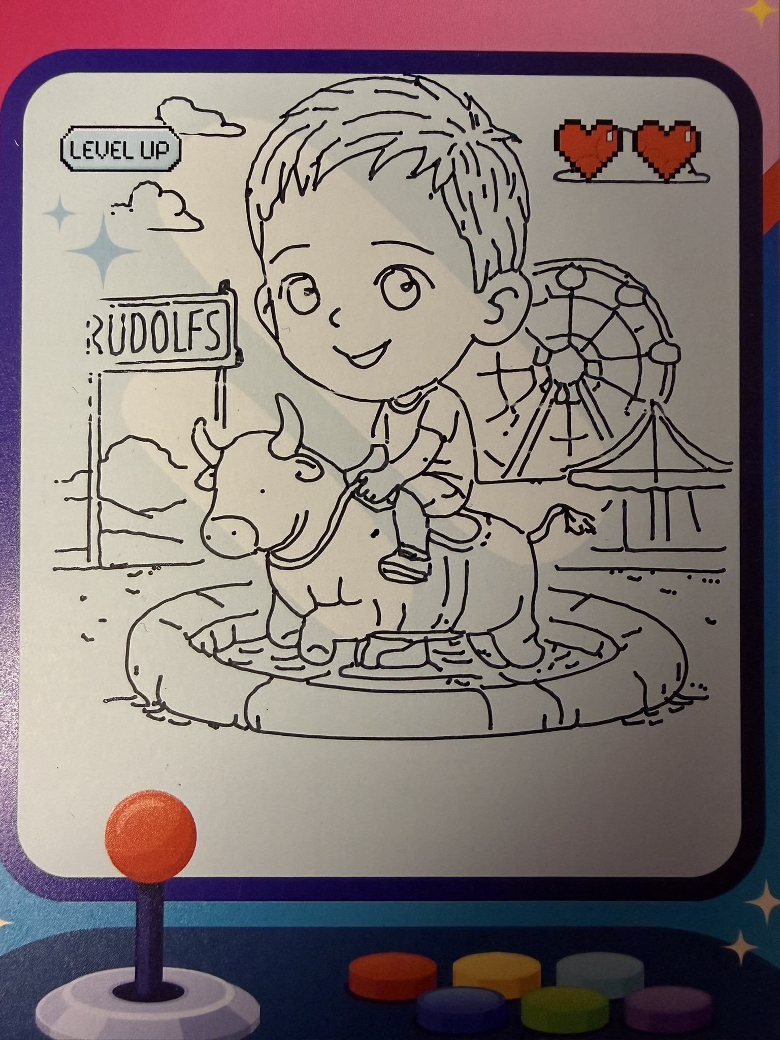 Line drawing of a boy riding a mechanical bull at an amusement park with a Ferris wheel and a 'RUDOLFS' sign in the background, and two pixelated hearts at the top right.