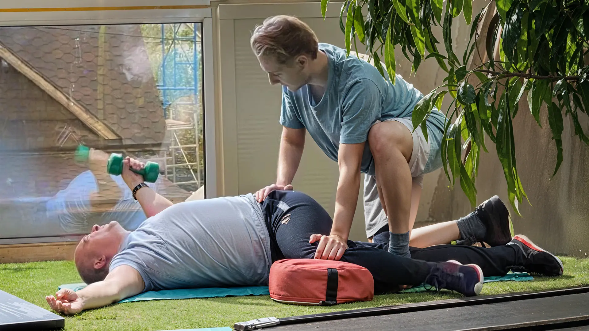 Тренер-реабілітолог працює з болем у попереку в DZHEVAHA GYM - спеціалізовані вправи для зняття больових відчуттів та відновлення функціональності поперекового відділу