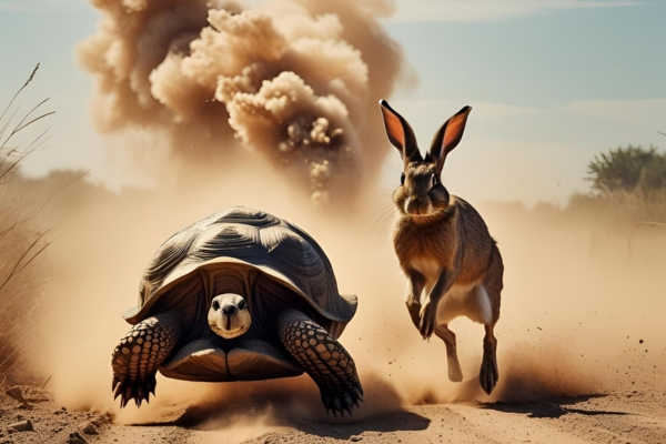 Illustration of tortoise and hare racing representing time commitment in trading and investing