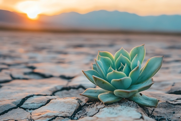 Green succulent plant growing in cracked dry ground symbolizing mental resilience