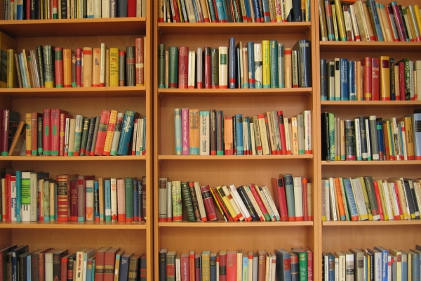 Bookshelf full of books representing continuous learning in trading and investing