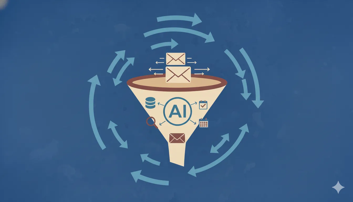 Illustration of a funnel labeled AI processing incoming and outgoing emails with icons representing database, checklist, calendar, and magnifying glass surrounded by circular arrows on blue background.
