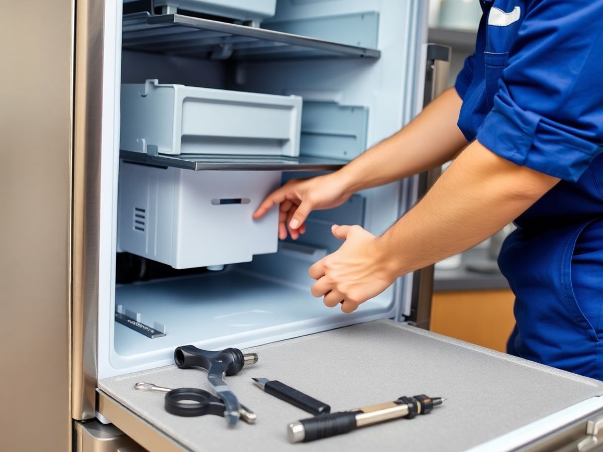 Technician repairing a refrigerator.