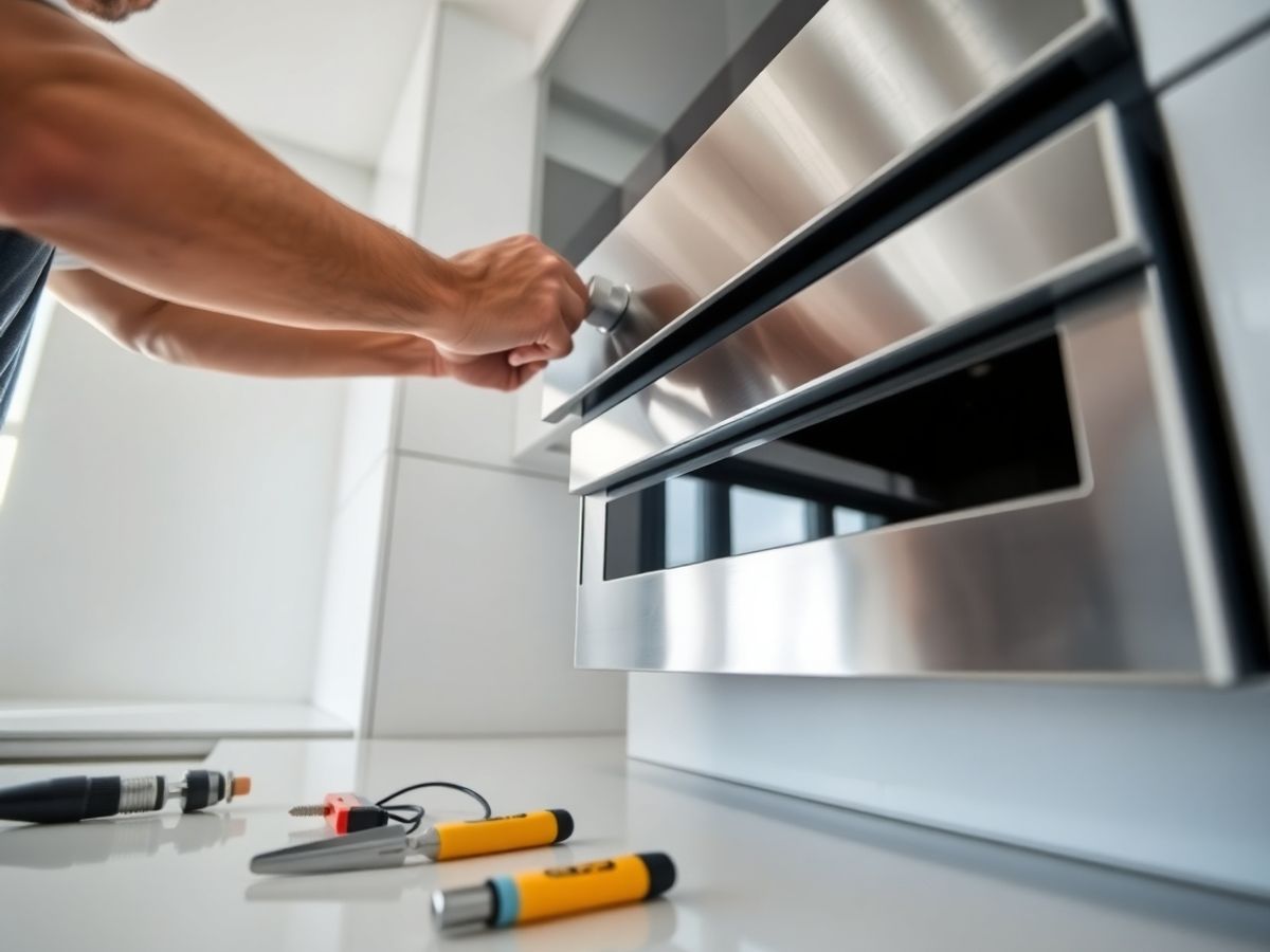 Installer connecting a new oven in a modern kitchen.