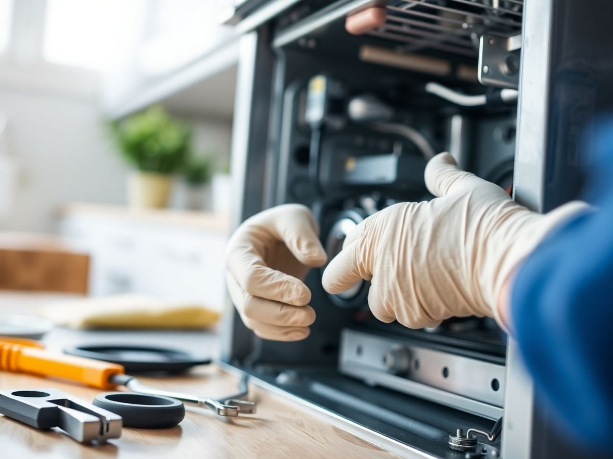 Technician repairing appliance, West Michigan home.