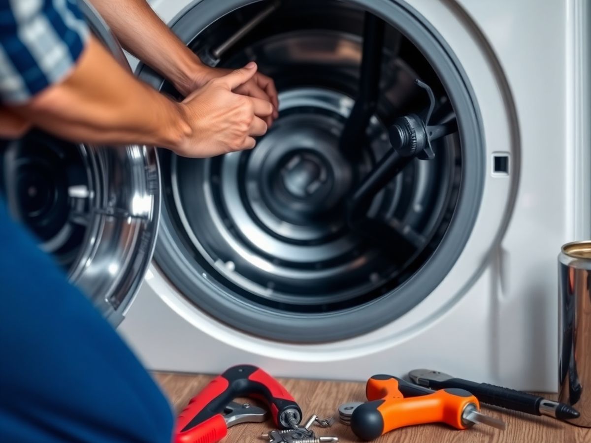 Emergency appliance repair technician fixing a washer.