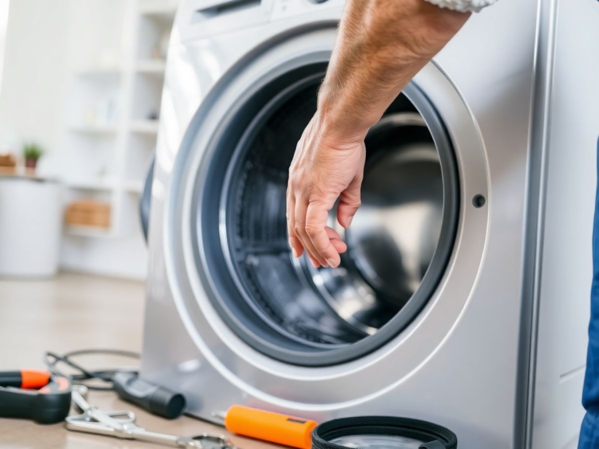 Technician repairing a washing machine.