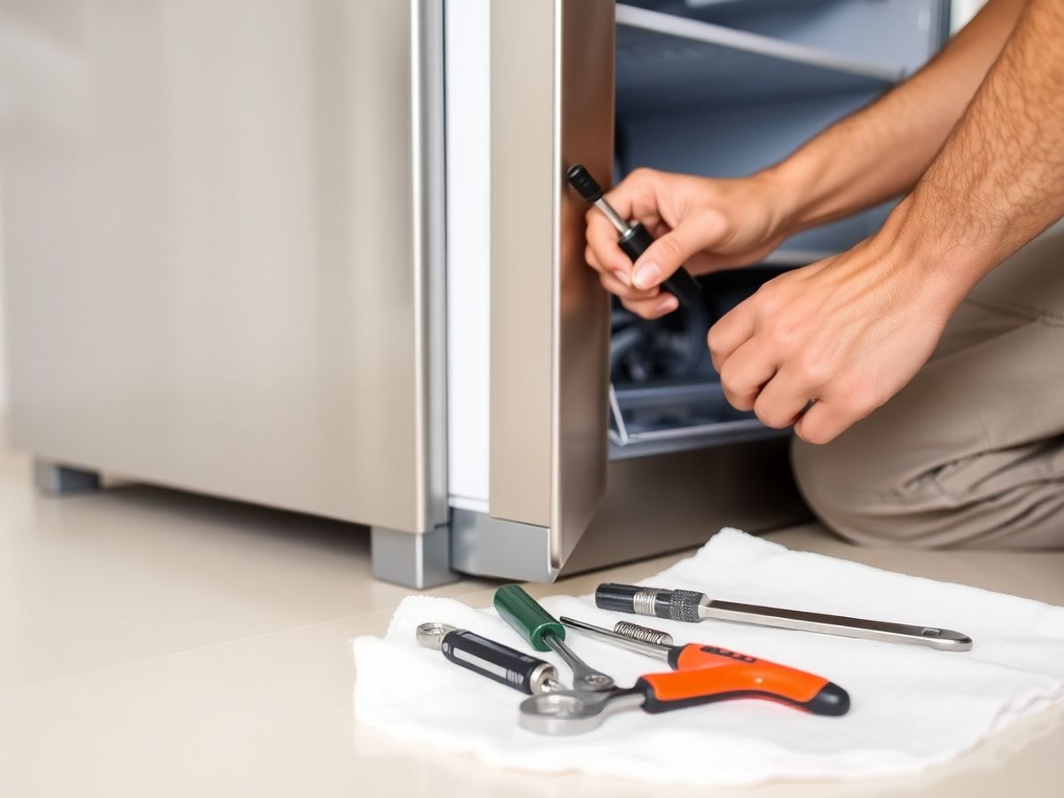 Technician repairing a refrigerator, tools visible.