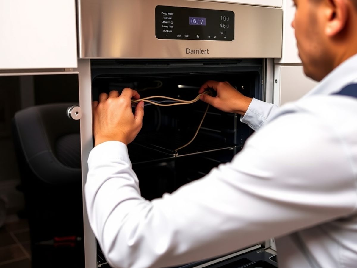 Technician installing appliance in kitchen.