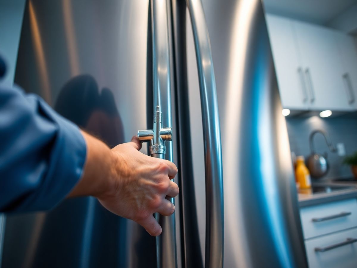 Technician installs modern refrigerator in kitchen.