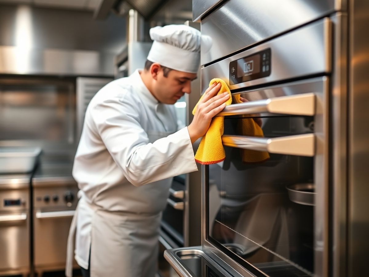 Chef cleans commercial kitchen appliances.