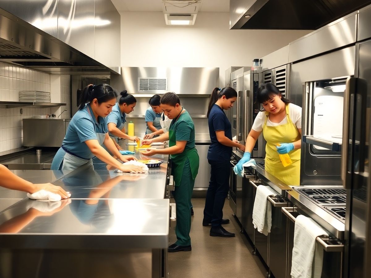 Staff cleaning commercial kitchen appliances.