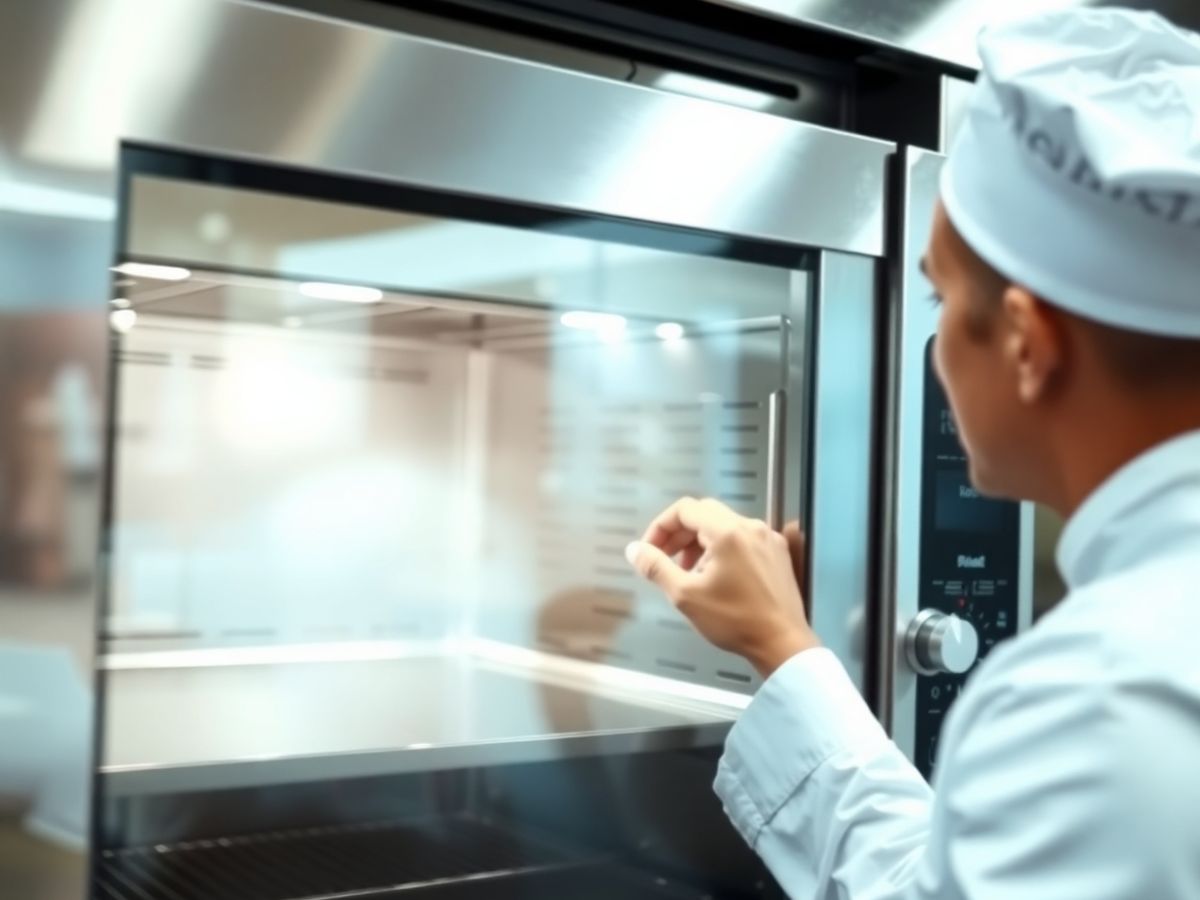 Chef inspecting restaurant kitchen equipment.