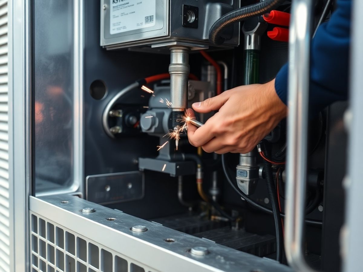 Technician repairing commercial refrigeration unit.