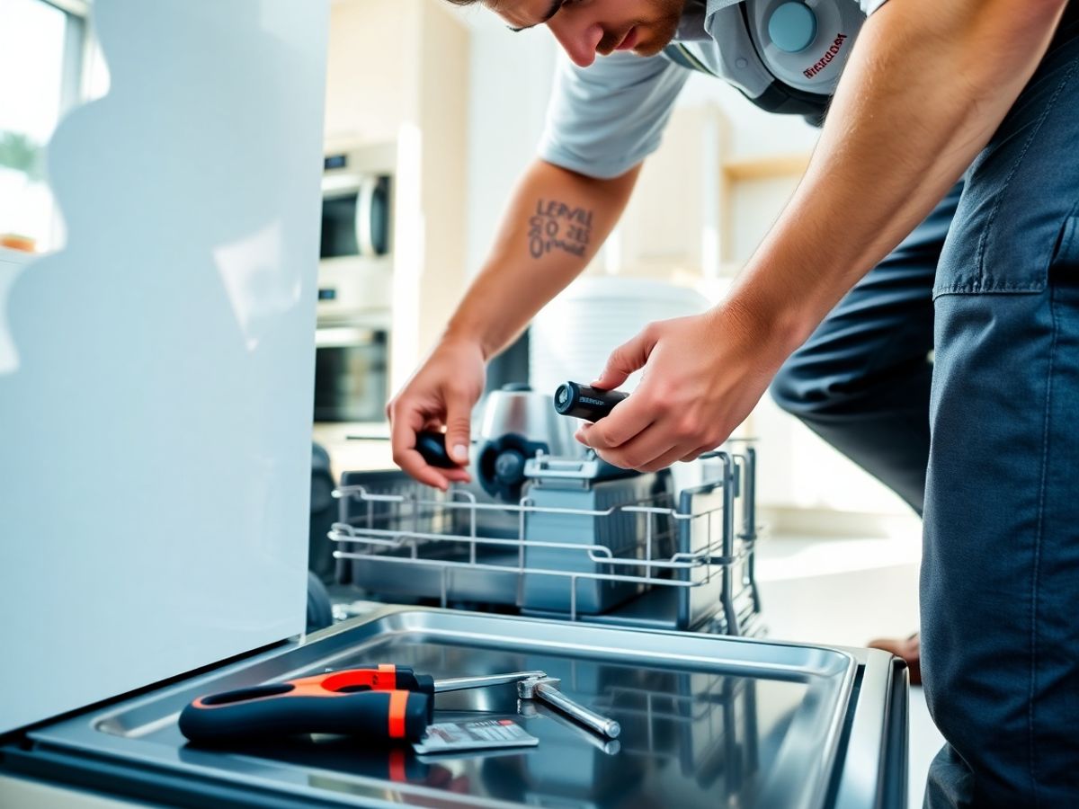 Technician repairing Bosch dishwasher in modern kitchen.