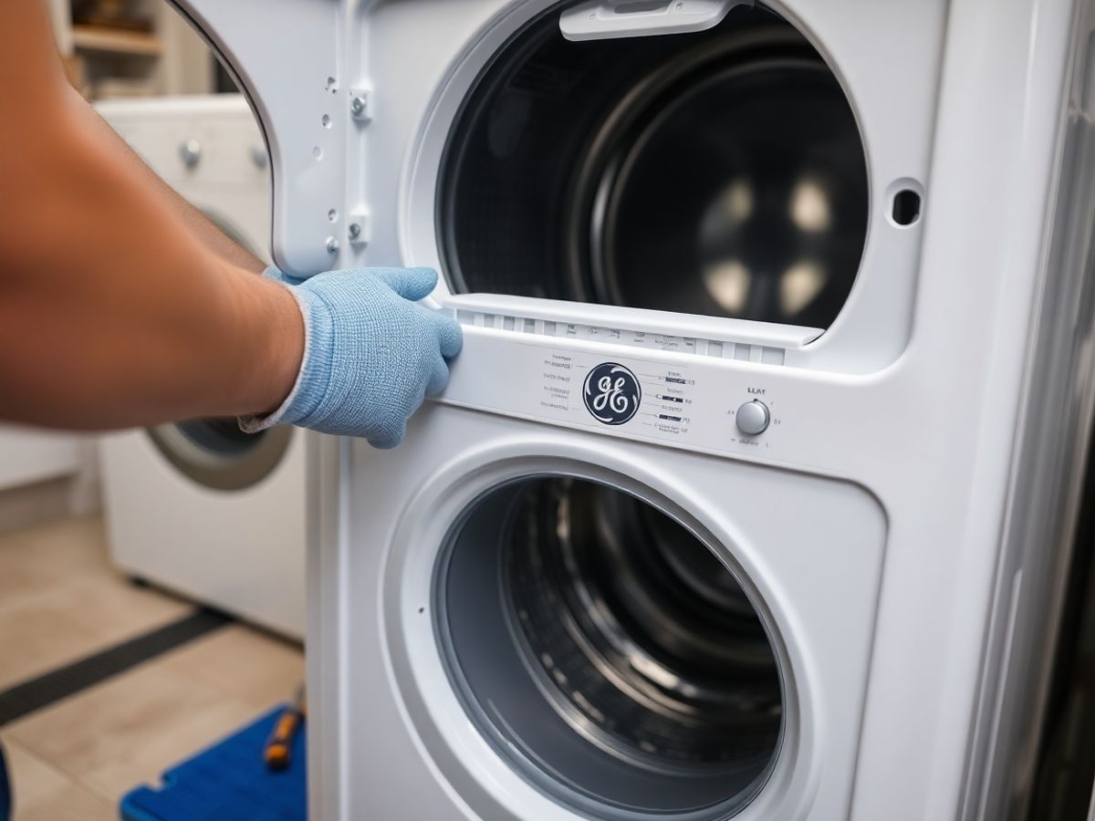 Close-up of a technician's hands repairing a GE washing machine.