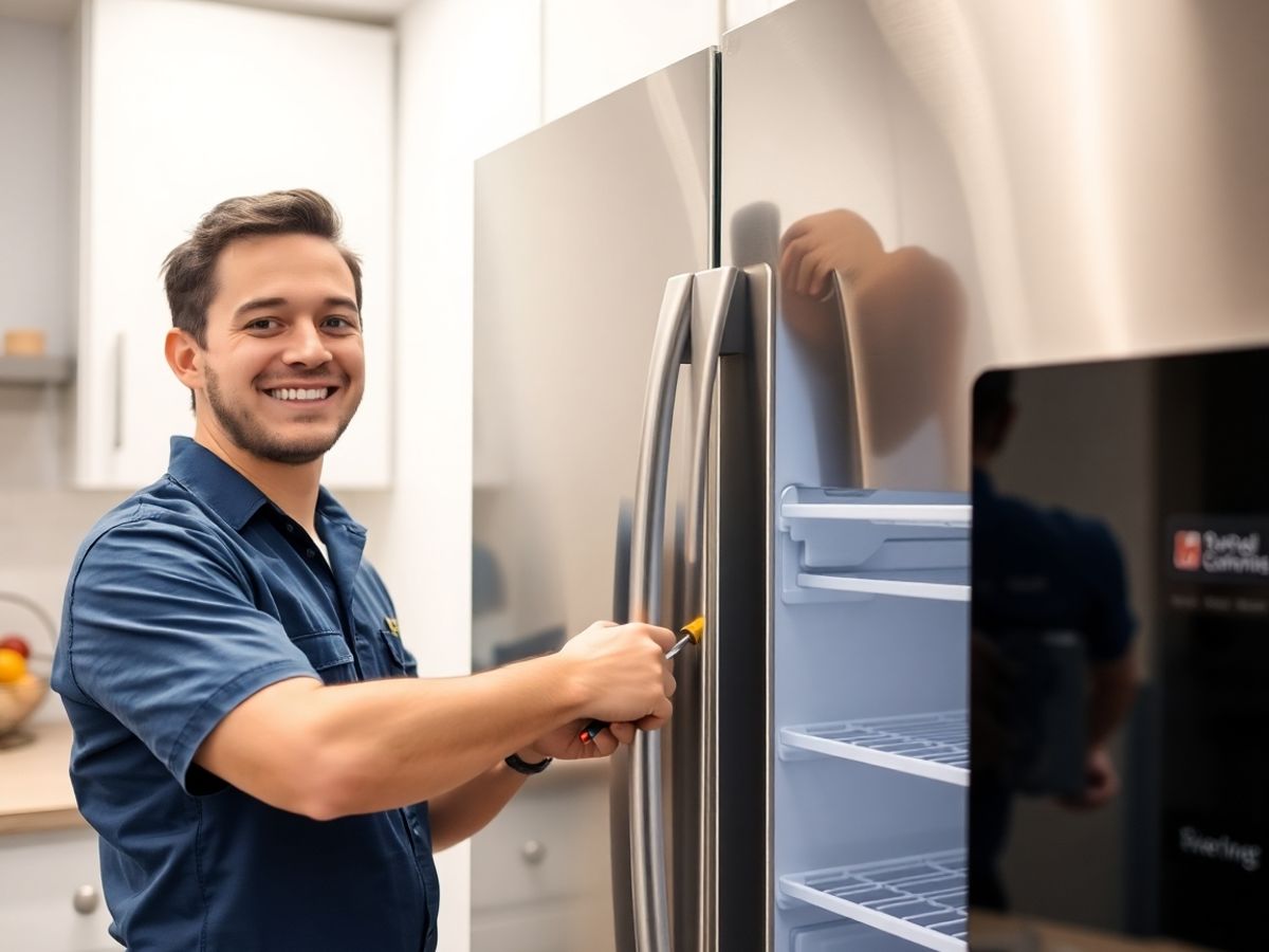Serviceman smiles, repairing sparkling GE refrigerator.