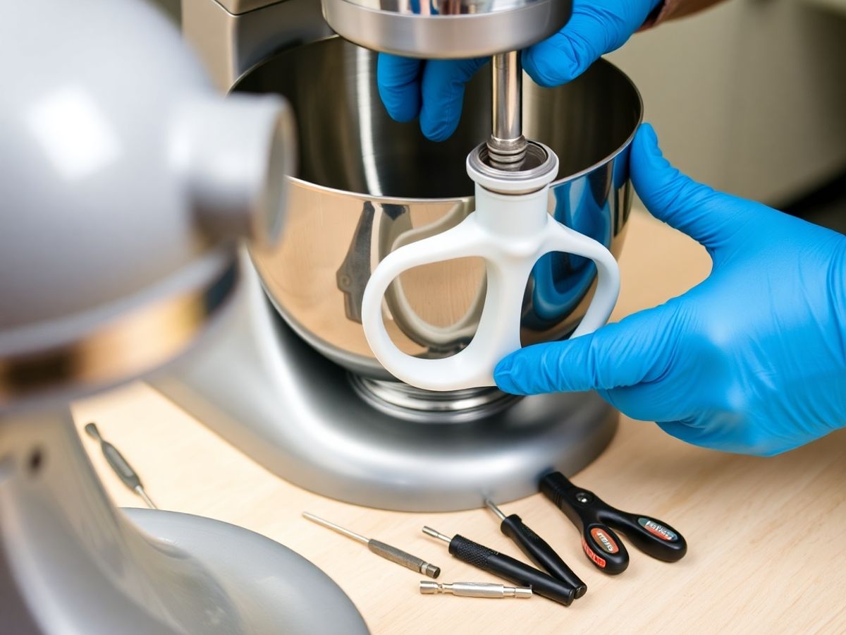 Technician repairing KitchenAid stand mixer.