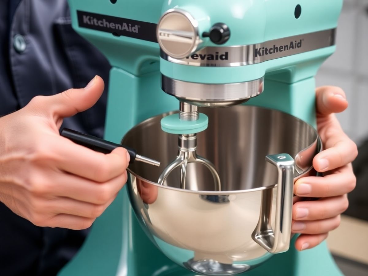 Technician repairing KitchenAid stand mixer.