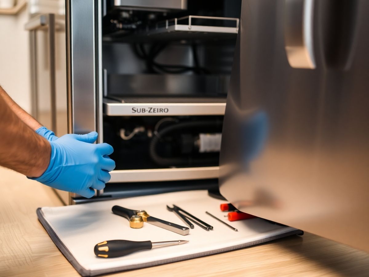Technician repairing Sub-Zero refrigerator.