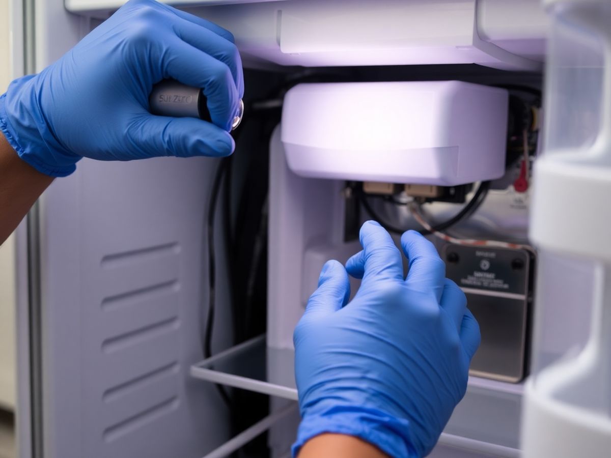 Technician inspecting Sub-Zero refrigerator components.