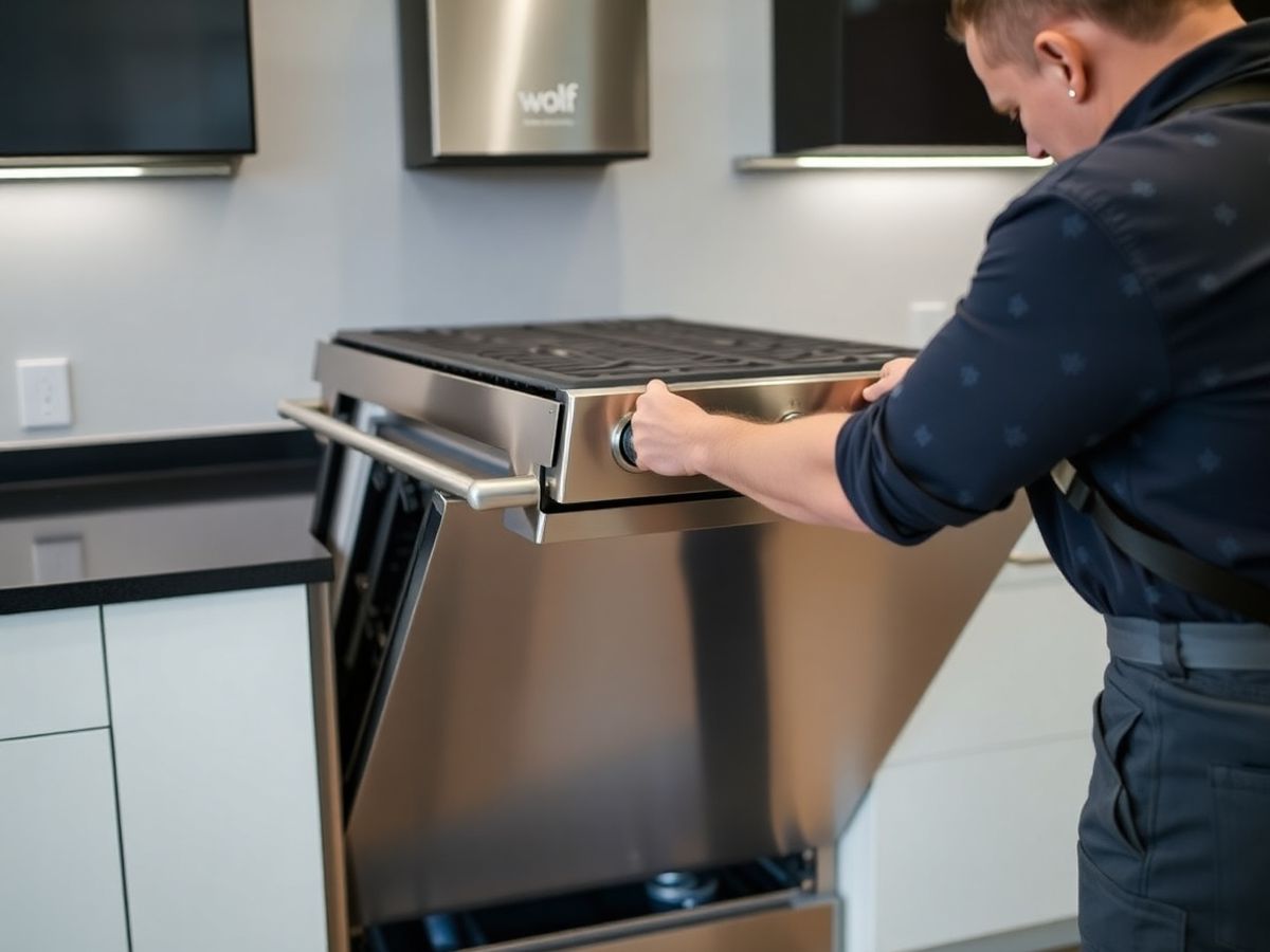 Professional installing Wolf range in modern kitchen.