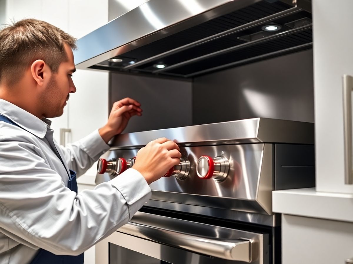Professional installing a stainless steel Wolf range.