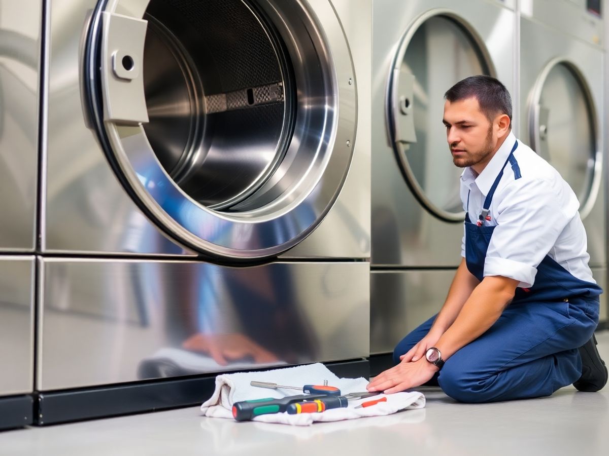 Technician repairs commercial Maytag washer.