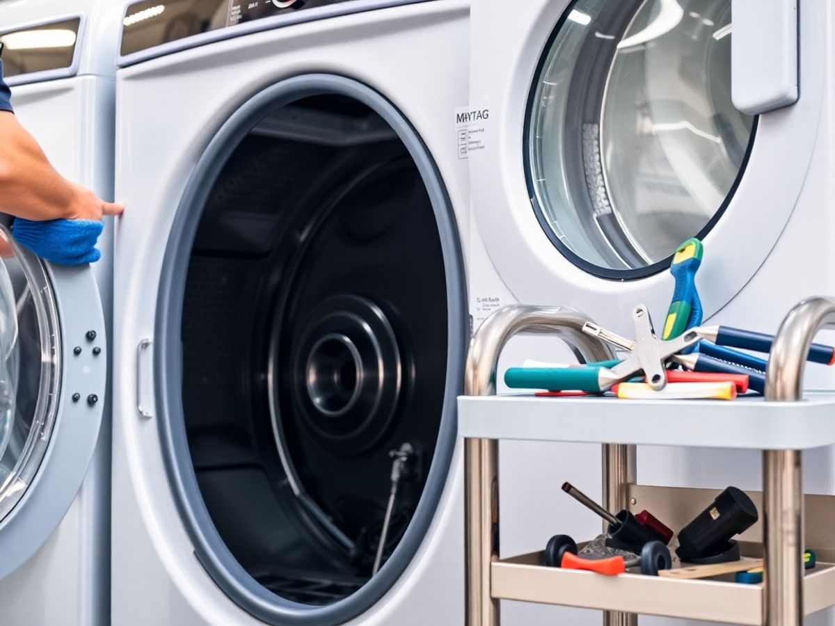 Mechanic fixing Maytag washing machine