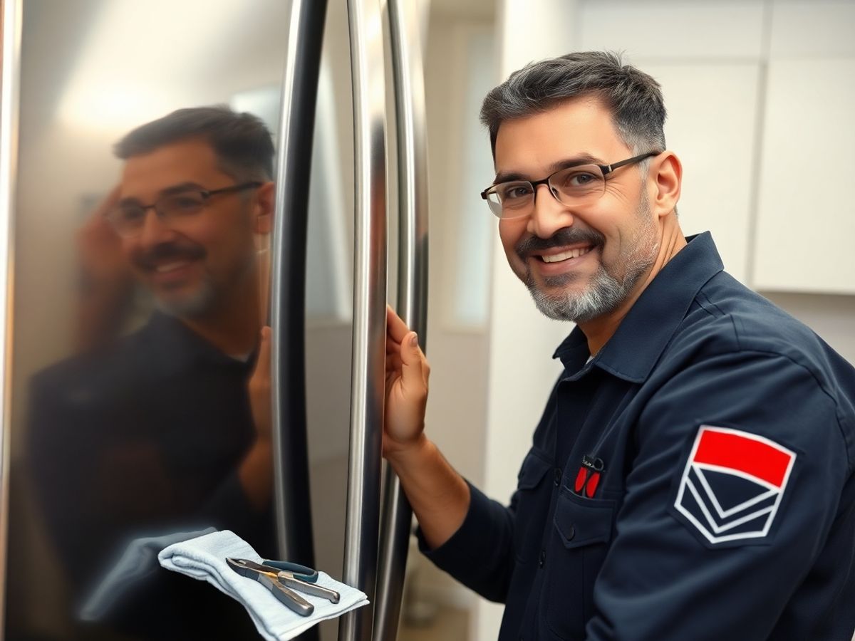 Veteran technician repairing refrigerator, smiling