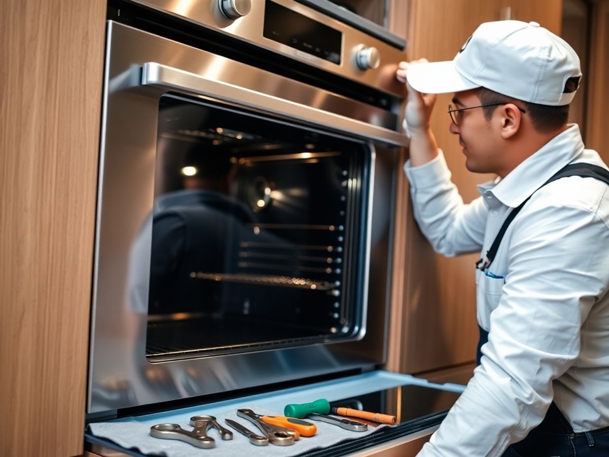 Technician installing an oven, tools nearby
