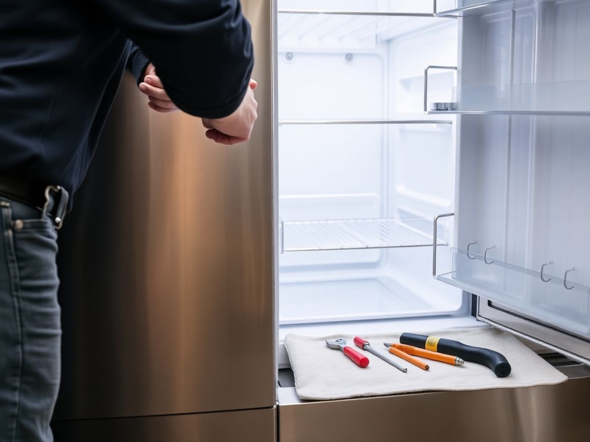 Appliance repairman working on a refrigerator.