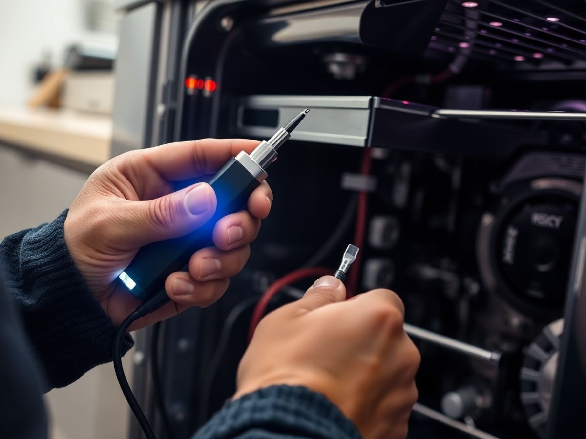 Technician checking appliance with tools.