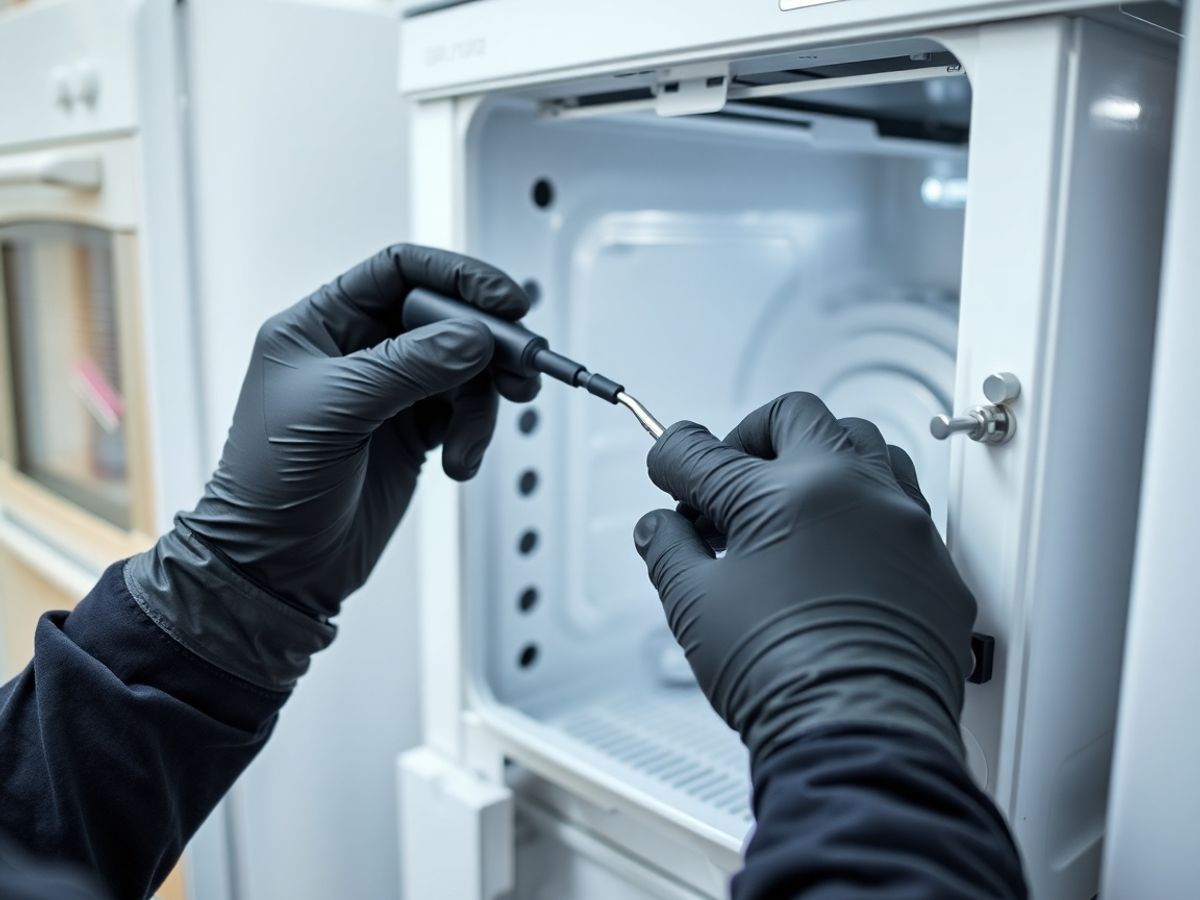 Technician inspecting a refrigerator.