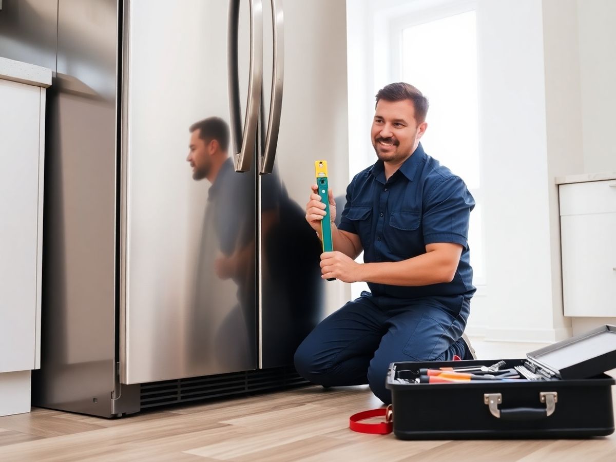 Appliance technician kneeling by refrigerator, holding wrench and level tool.