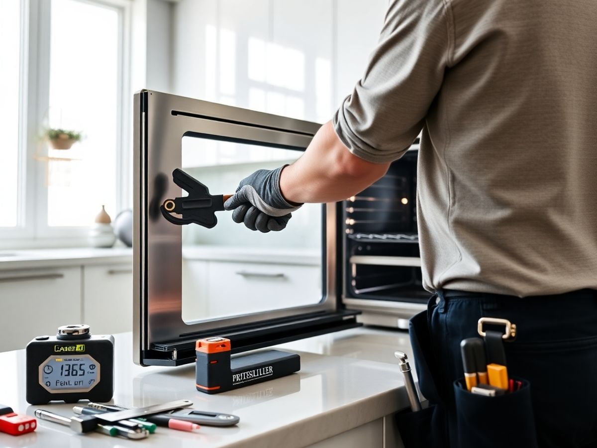 Installer adjusting oven door with torque wrench in modern kitchen.